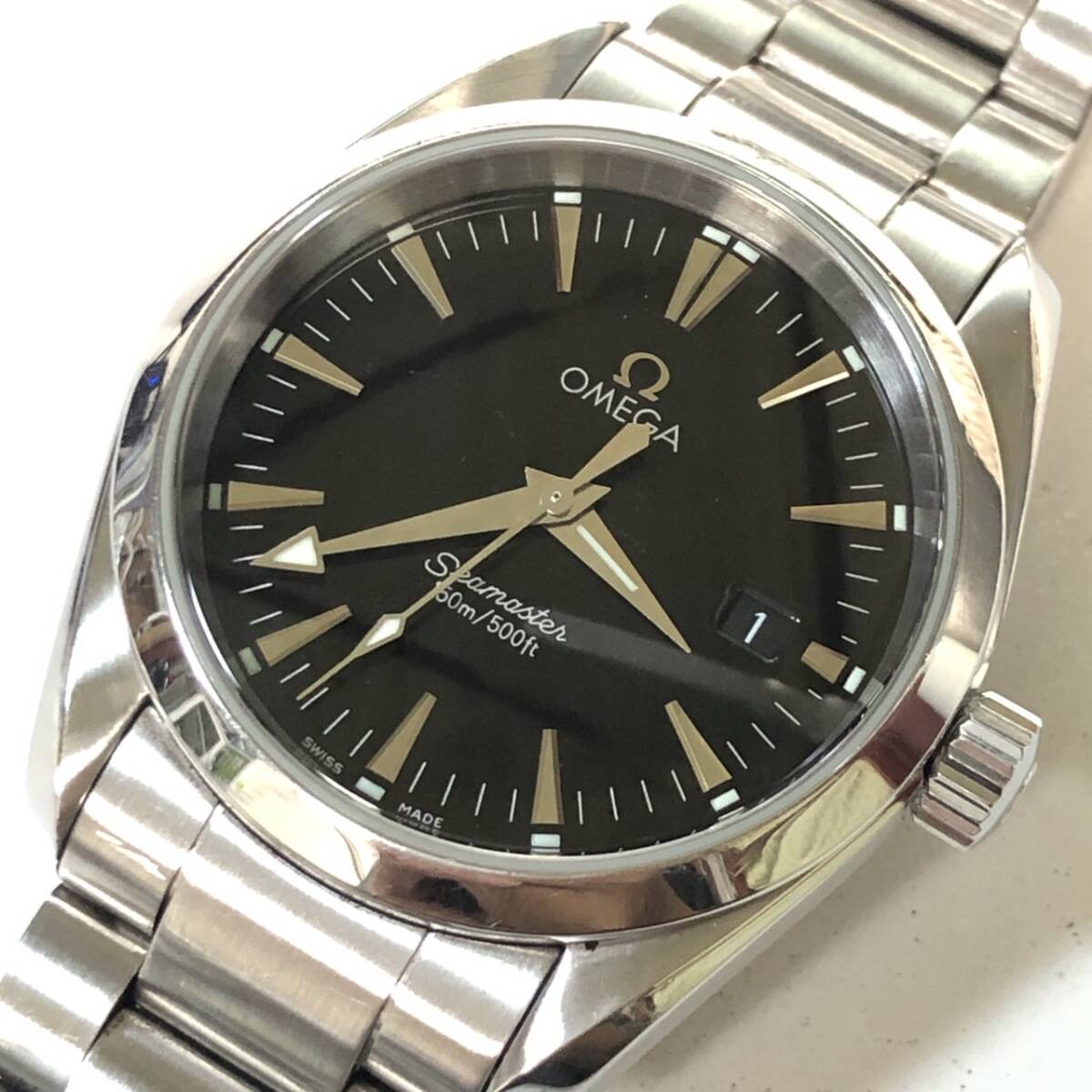 美品【OMEGA オメガ】シーマスター アクアテラ 2518.50 150m クオーツ デイト付き 黒文字盤 3針 OH/電池交換/新品仕上済