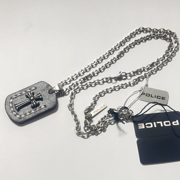 POLICE メンズネックレス ステンレス スチール シルバ－ CROSS クロス 本革 25515PSB-01