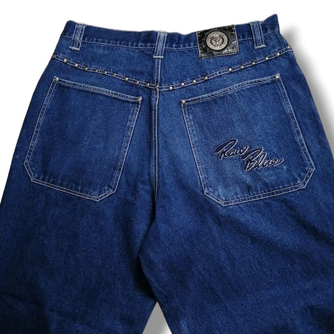 00s Y2K RAW BLUE ローブルー バギーデニム スタッズ 極太 ワイドパンツ ジーンズ フェアリーグランジ 刺繍ロゴ 濃紺 W38 /3647 00s Y2K RAW BLUE ローブルー バギーデニム スタッズ 極太 ワイドパンツ ジーンズ フェアリーグランジ 刺繍ロゴ 濃紺 W38 /3647