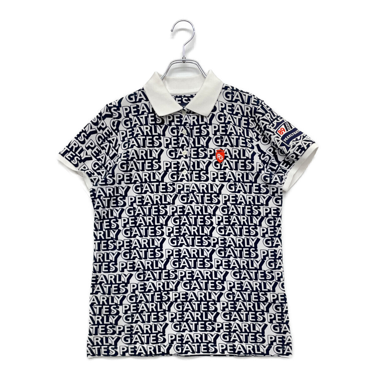 coco 中古 パーリーゲイツ レディース 半袖ポロシャツ 1(M) 白×紺 ホワイト×ネイビー 総柄 1(M) 中古 ネコパケ発送可 91669