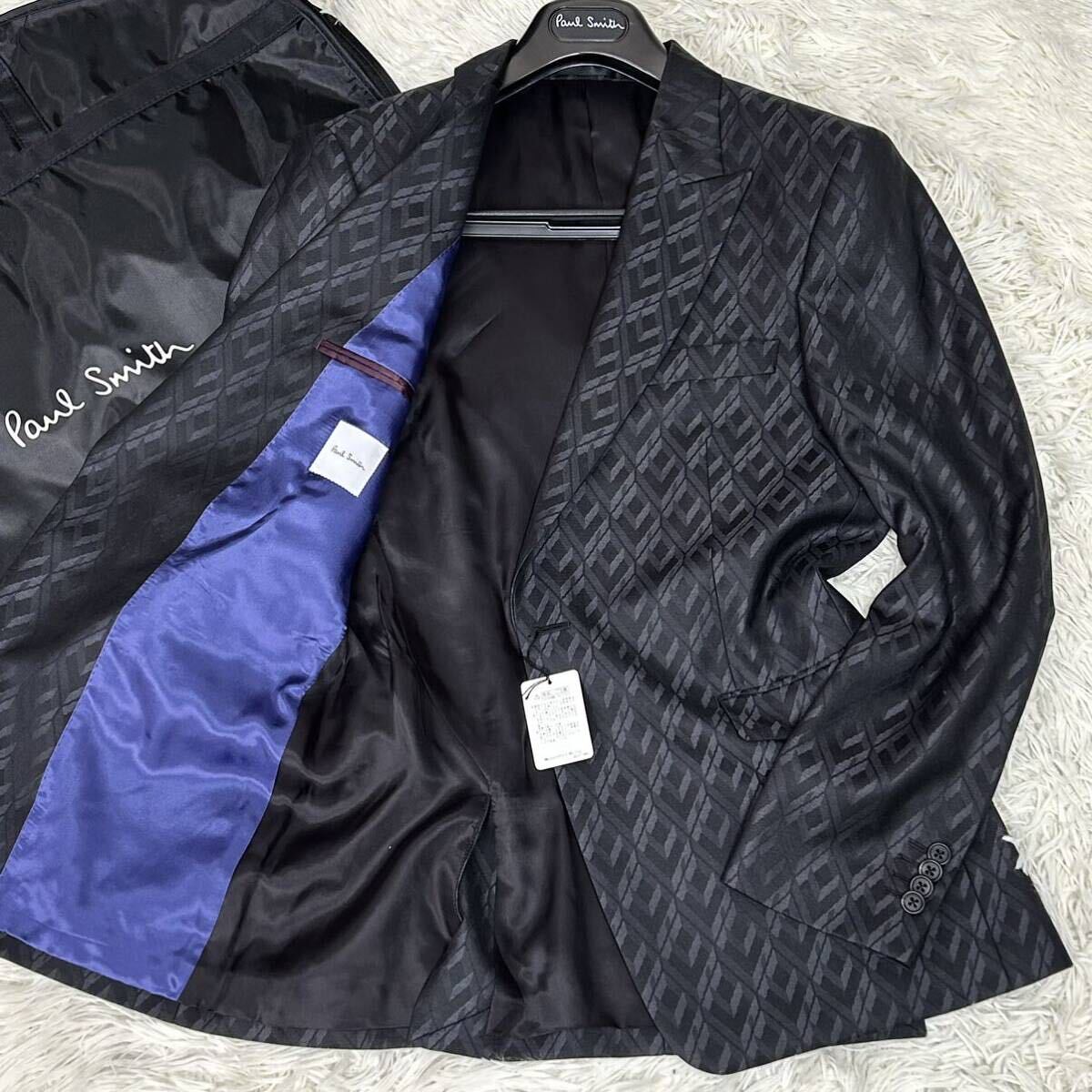 ●未使用●Paul Smith ポールスミス 現行タグ 総柄 テーラード ジャケット アウター 上着 シングル ハンガー 付属品完備 Lサイズ 黒 