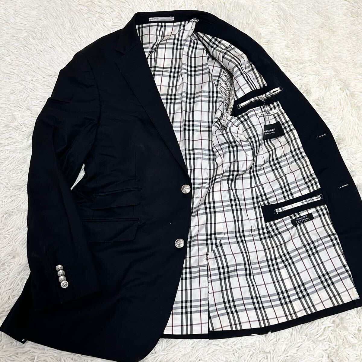 ●最高級の逸品●BURBERRY BLACK LABEL バーバリーブラックレーベル テーラード ジャケット 上着 ブレザー 銀ボタン ノバチェック M 黒