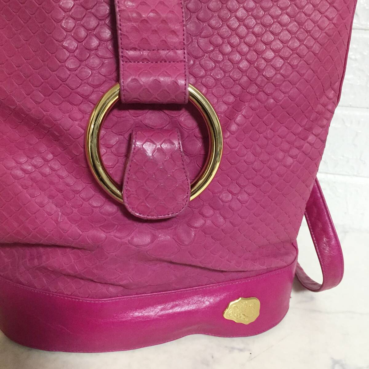 no28807 Carlos Falchi カルロスファルチ パイソン型押 エキゾチック 本革 レザー 斜め掛けショルダー バッグ_画像3