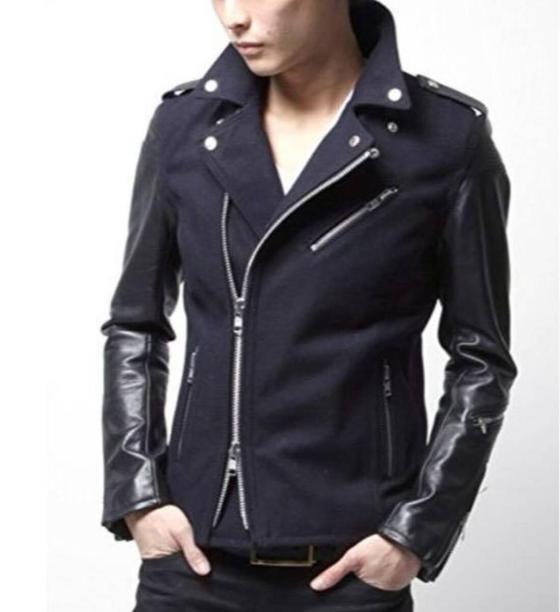 ◆black by vanquish レザー切り替え メルトン Wライダース◆_画像1