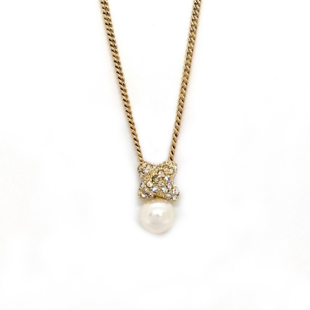  Christian Dior Christian Dior 1P поддельный жемчуг колье Gold стразы Cross жемчуг GP