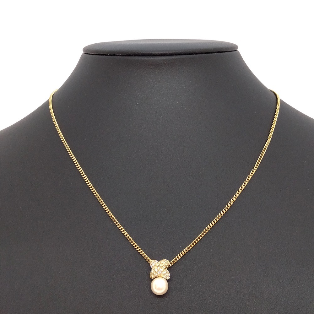  Christian Dior Christian Dior 1P поддельный жемчуг колье Gold стразы Cross жемчуг GP