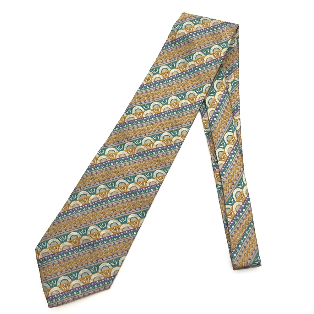 ミッソーニ Missoni 幾何学模様 ネクタイ シルク 144cm マルチカラー ストライプ イエロー パープル グリーン ヴィンテージ 西陣ネクタイ