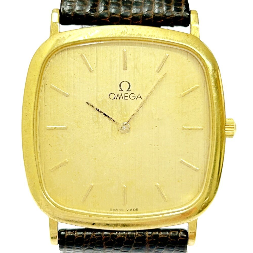 【1円スタート】OMEGA オメガ デビル スクエア GP×革ベルト ゴールド文字盤 クオーツ ボーイズ腕時計 314344
