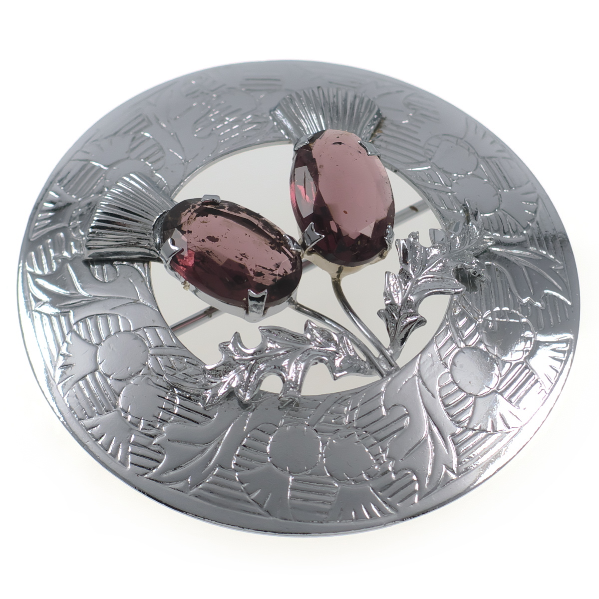 UK2456◆【MIZPAH】◆ 大ぶり 2輪のアザミの花 フラワーモチーフ パープル系ラインストーン ◆ ヴィンテージブローチ ◆ ケルト 英国 ◆