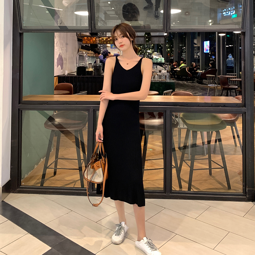 LDL143#新品 セクシー タイトワンピース エロかわ ぴったりボディライン Vネック スリット入 リブニット素材 ロングひざ丈 2色選択可