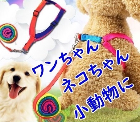LDL2629# カラフル◆ハーネス＆リード◆M 33～45cm◆貓 小型犬 中型犬 うさぎ◆きれいなレインボーカラー?虹色 七色 胴輪 犬 ペット M