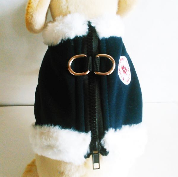 LDL2687# ハーネス＆リード★冬【L ネイビー】胴輪 小型犬 里ボアで 暖かい!防寒 ペット用品 犬服【L紺】犬 アウター コート