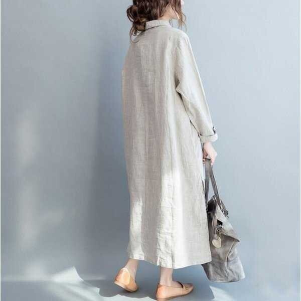 LGH208#シャツワンピース レディース 長袖 綿麻ミモレ丈 ロングファッション 大きいサイズ 体型カバー きれいめカジュアル 春秋 2色