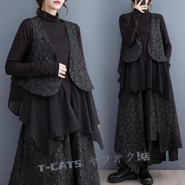 新品☆パンツスーツ 大きいサイズ ジャカード シフォン 切替ベスト+不規則 ワイドパンツ2点セット パンツスーツ