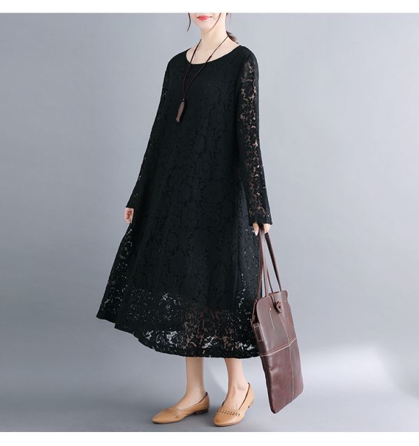 LDL034# lady's spring summer new goods casual total race easy long sleeve long One-piece tunic black M~XXL