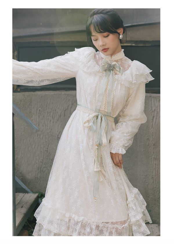 LDL327#アプリコット 総レース レトロ シフォン ロングワンピース L