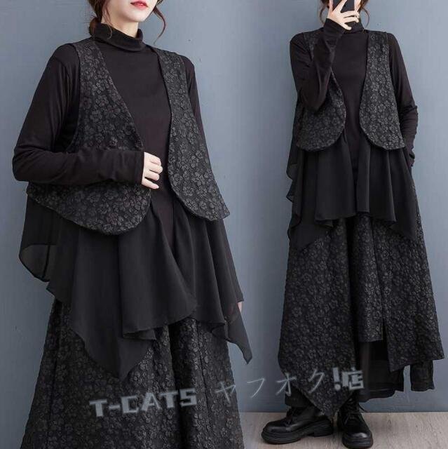 ☆新品パンツスーツ 大きいサイズ ジャカード シフォン 切替ベスト+不規則 ワイドパンツ2点セット パンツスーツF