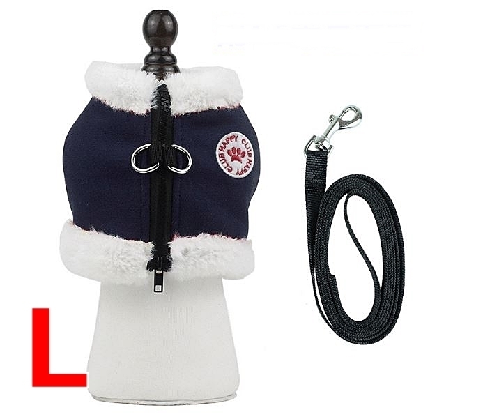 LDL2687# ハーネス＆リード★冬【L ネイビー】胴輪 小型犬 里ボアで 暖かい!防寒 ペット用品 犬服【L紺】犬 アウター コート