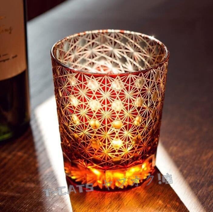 新品☆上質 グラス切子 菊繋ぎ紋 高級グラス 冷酒杯 手作りワインセット ロックグラス ビールウイスキーグラス 250ml 赤