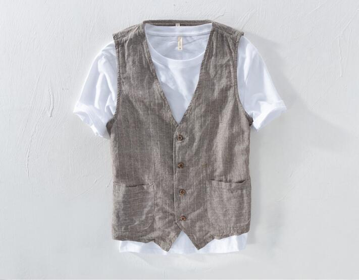 CHQ1702#春夏新品 メンズベスト ストライプ柄 リネンベスト 綿麻 ジレベスト 薄手 スリム ビジネス カジュアル お洒落 三色 指定可