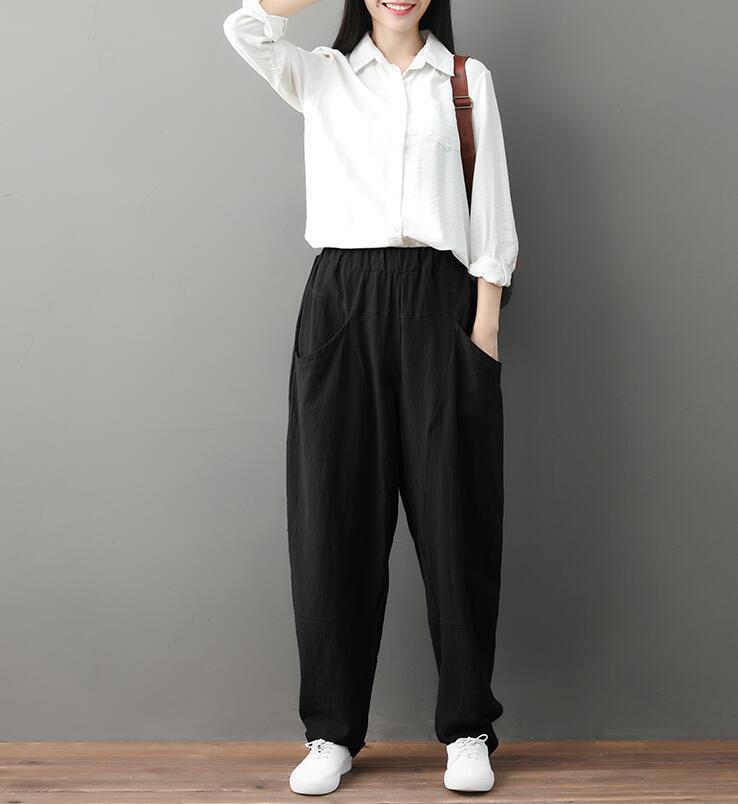 CSN140#春夏　新品　カジュアル　ゆったり　ポケット　ウエストゴム　綿麻　リネン　ワイドパンツ　サブリナパンツ　黒