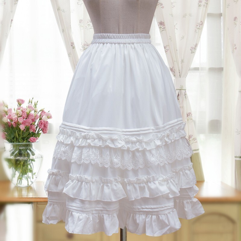 LDL333#ホワイト シフォン レース フリル ロリータ スカート 65cm丈