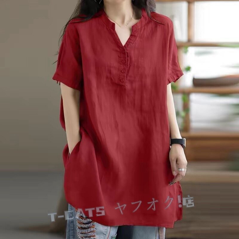 新品☆サイズ選択可 ナチュラル 半袖 チュニック ロングブラウス かわいい可愛い 綿麻 大きいサイズ トップス カーキ