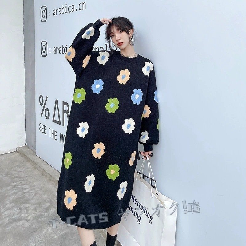 ☆新品　ワンピース ニット セーター ゆったり ふんわり 花柄 暖かい もこもこ ブラック