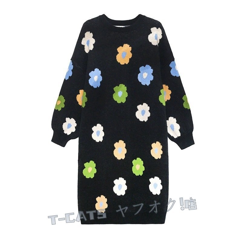 ☆新品　ワンピース ニット セーター ゆったり ふんわり 花柄 暖かい もこもこ ブラック