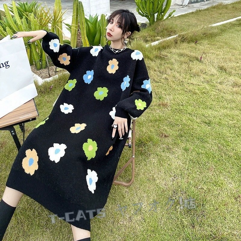 ☆新品　ワンピース ニット セーター ゆったり ふんわり 花柄 暖かい もこもこ ブラック