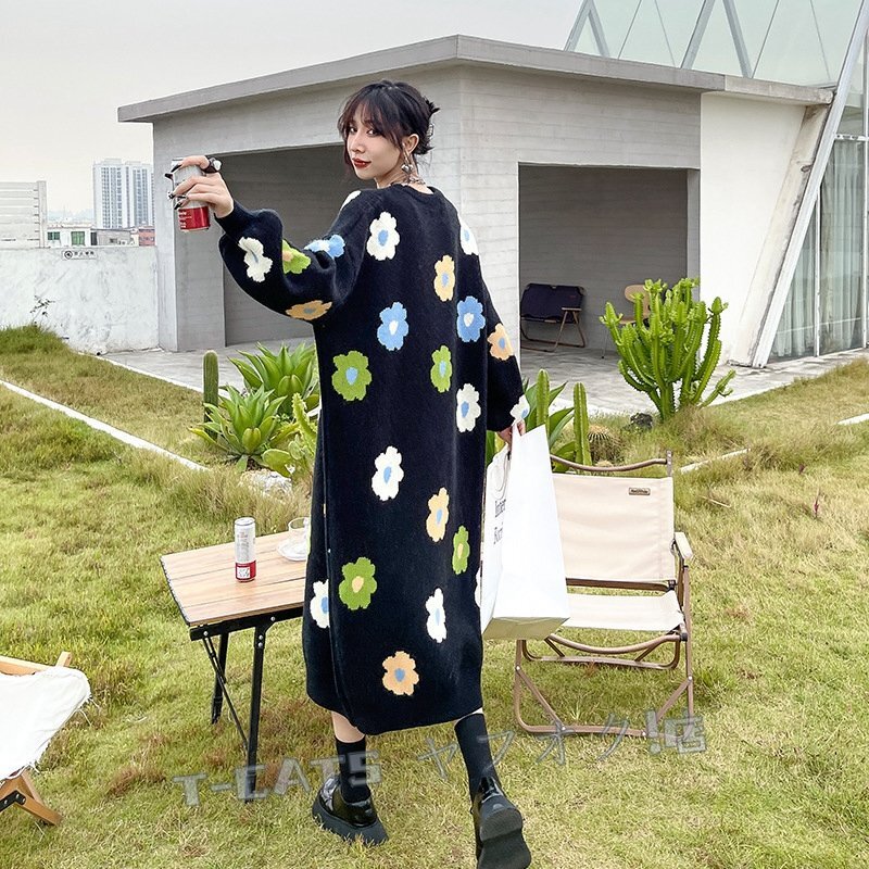☆新品　ワンピース ニット セーター ゆったり ふんわり 花柄 暖かい もこもこ ブラック