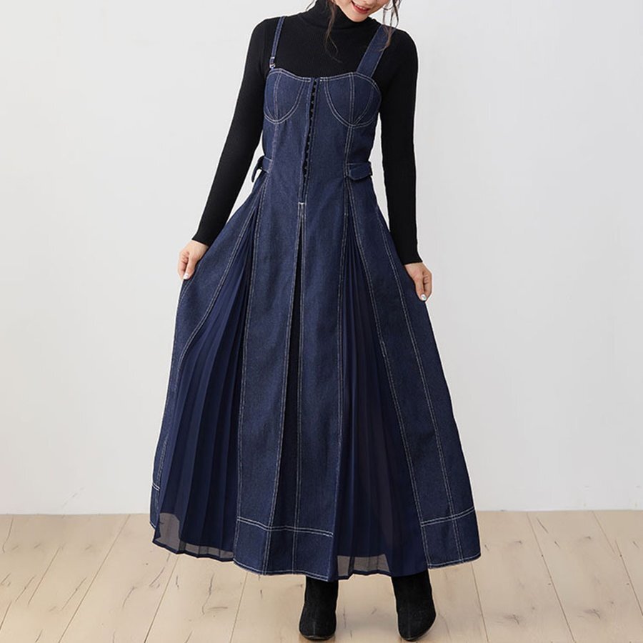 LDL1412#ワンピース レディース デニムワンピース ロング丈 サロペットワンピース レディース タンクワンピース デニム ミモレ丈 ノースリ