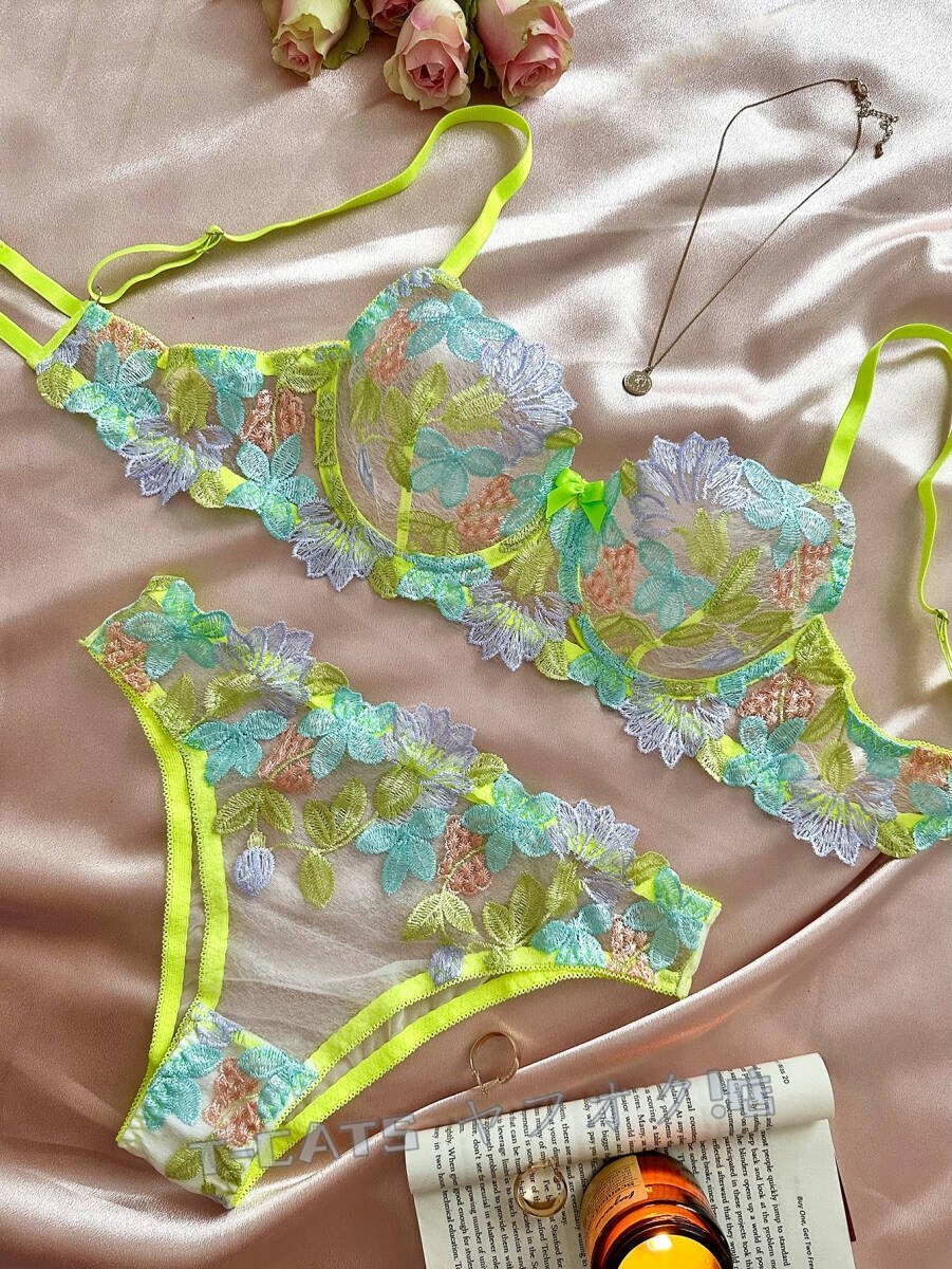 ☆新品インナーウエアレディース 20代30代40代 著心地抜群 刺繍 sexy 美品 2點セット お花刺繍 グリーン