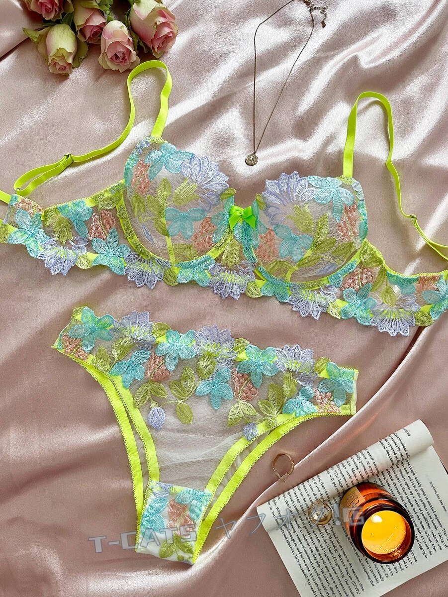 ☆新品インナーウエアレディース 20代30代40代 著心地抜群 刺繍 sexy 美品 2點セット お花刺繍 グリーン