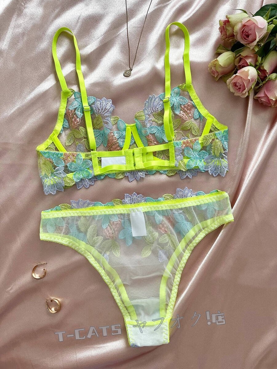 ☆新品インナーウエアレディース 20代30代40代 著心地抜群 刺繍 sexy 美品 2點セット お花刺繍 グリーン