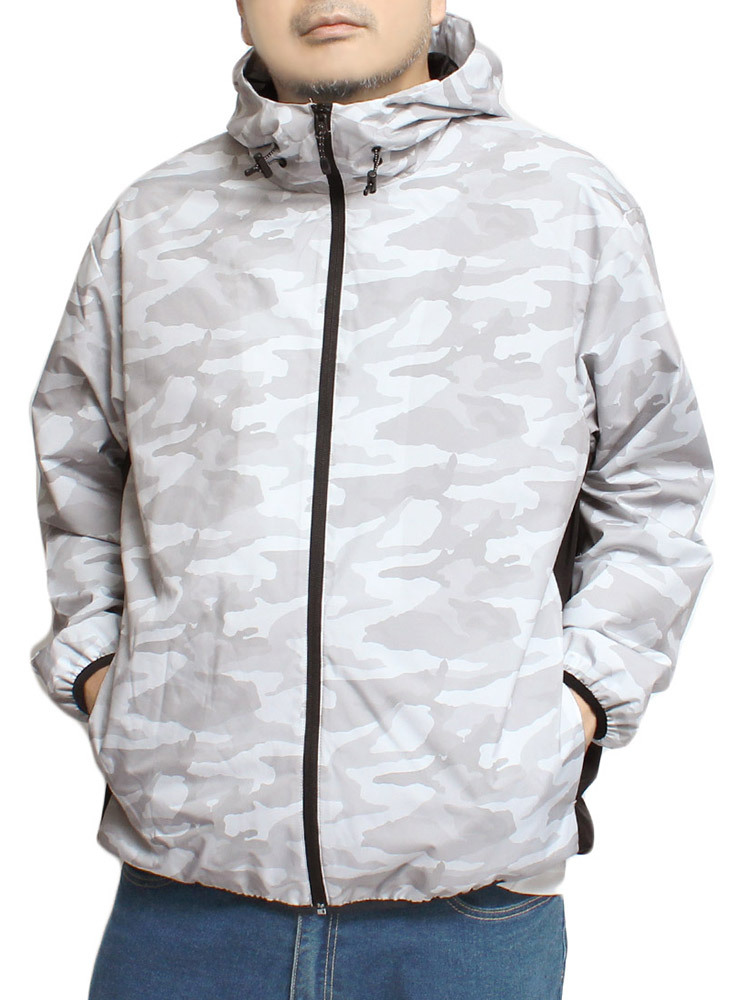 【新品】 4L ホワイトカモフラ パーカー マウンテンパーカー メンズ 大きいサイズ 防風 撥水加工 ストレッチ アウトドア 切替 スタンド_画像1