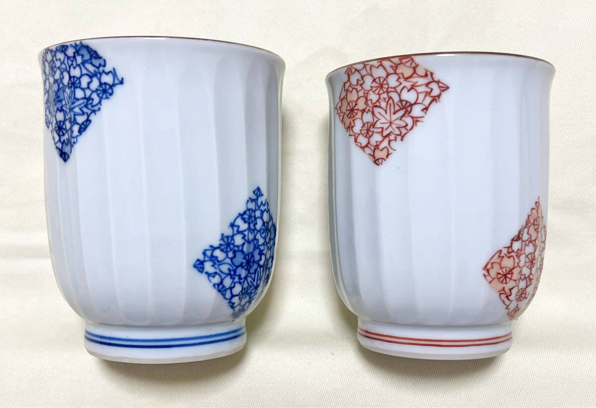未使用 京焼清水焼 平安彦造 青赤桜柄 夫婦湯飲 組湯呑 フリー 未使用 京焼清水焼 平安彦造 青赤桜柄 夫婦湯飲 組湯呑 フリー
