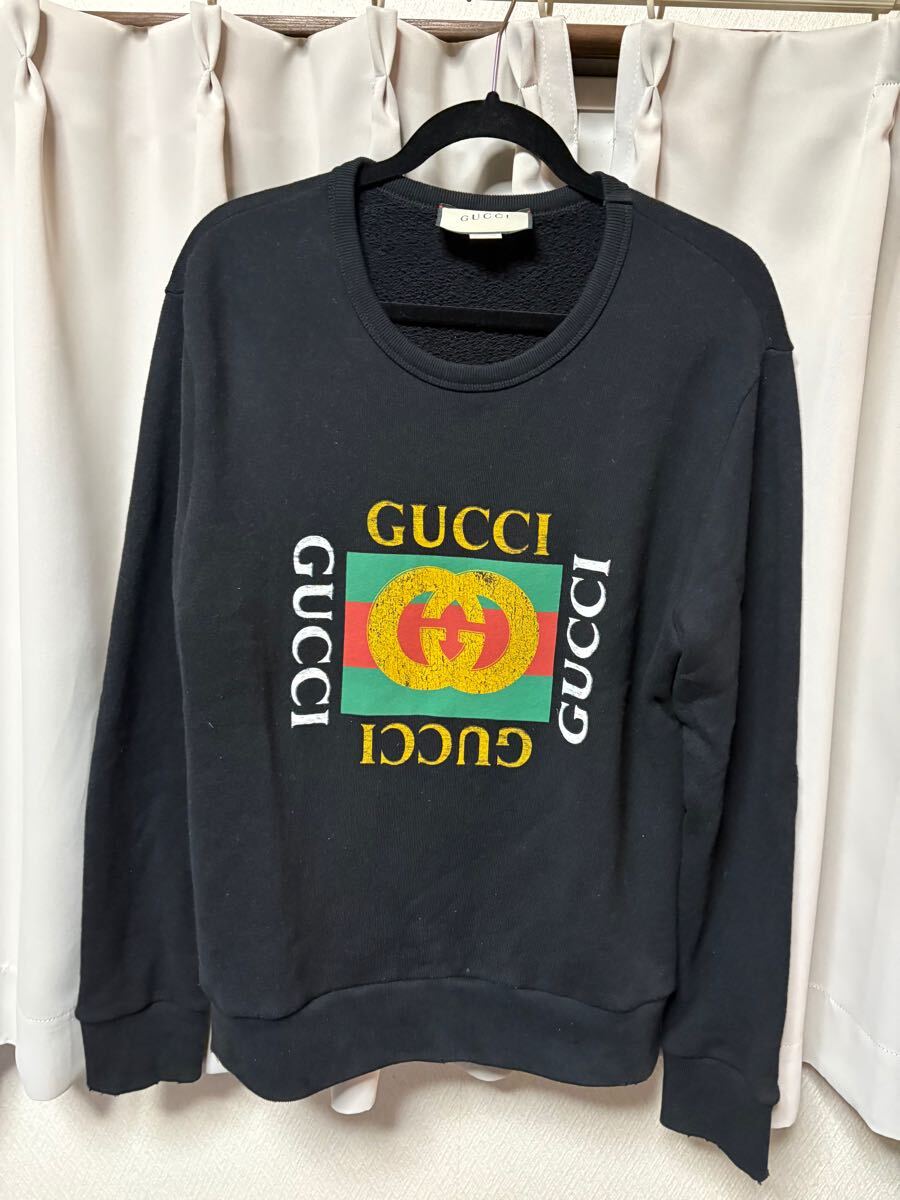 GUCCI グッチ ロゴダメージスウェット トレーナー GG柄　ブラック　ロゴ　サイズS