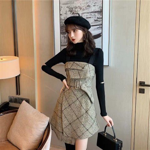  Mini One-piece short One-piece long sleeve knitted check pattern outing L black 