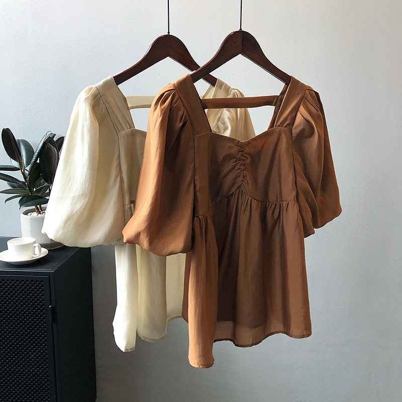  all 2 color short sleeves shirt volume sleeve frill switch body type cover put on .. plain sweet series L Brown 