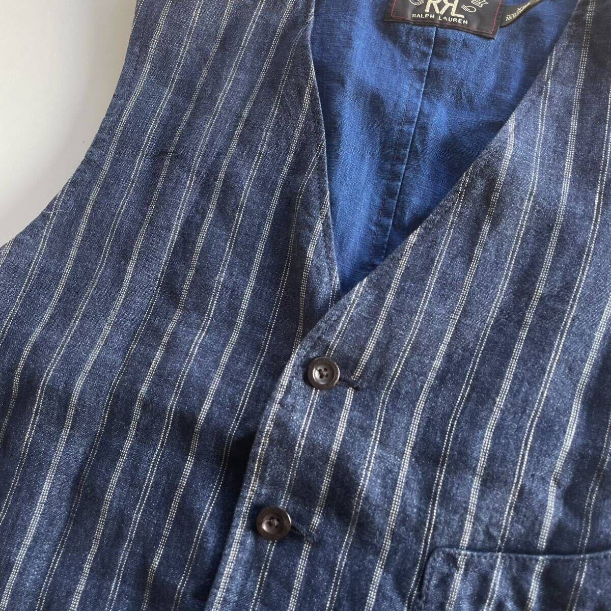 傑作/ジョニーデップ着】RRL “Indigo Linen Striped Vest” XS 傑作/ジョニーデップ着】RRL “Indigo Linen Striped Vest” XS