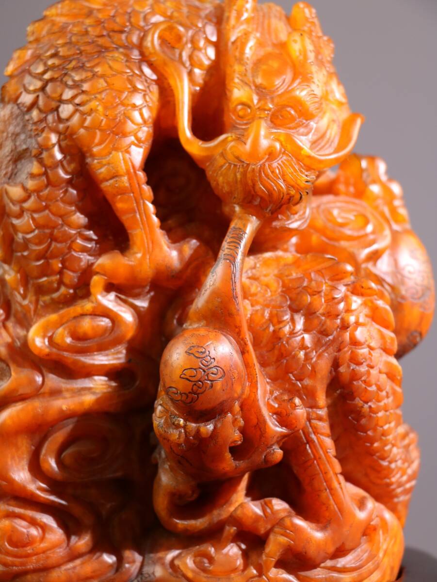 【海】中国 寿山石 龍文彫刻 印材 時代品 中国美術品 寿山石 清代 【竜戯珠】老印章 印鑑 文房具 田黄石 篆刻 手彫り