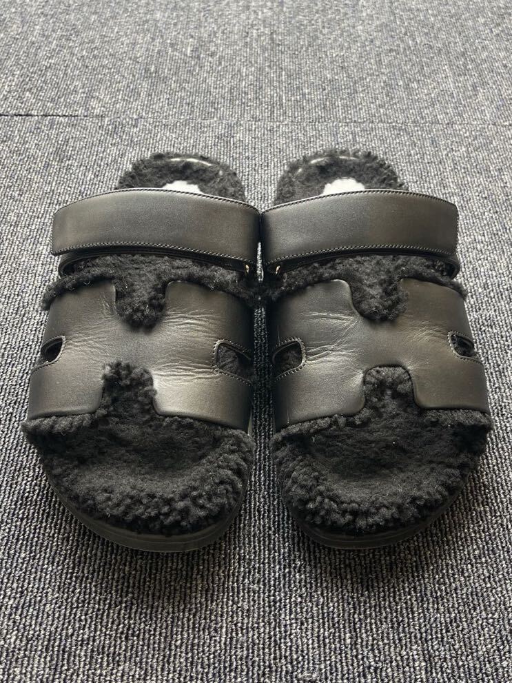 エルメス HERMES　シプレ　サンダル　ムートン　黒　レザー　ボア　サイズ41