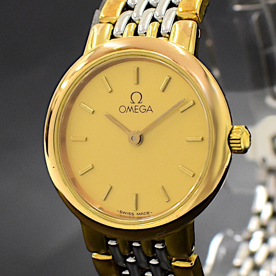 1円 ◆正規品 OMEGA オメガ レディース腕時計 デビル クオーツ ステンレススチール コンビ ゴールド文字盤◆E.Css.hP-05