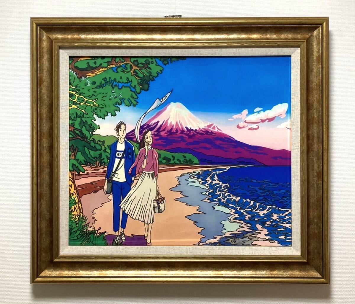 作者不明 【はごろも舞う茜雲】油彩 手描き 表サイン 裏サイン F10号 コレクション出品/額装/検索ワード(江口寿史/末松正博)A256