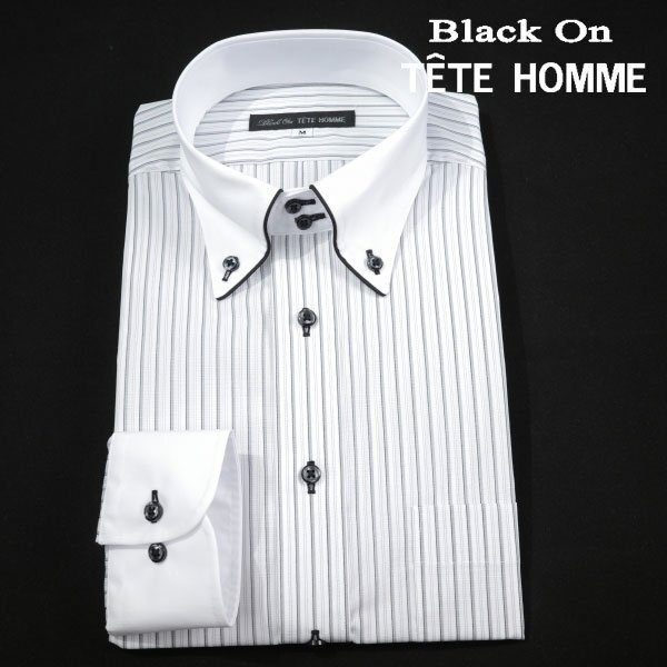 新品1円～★Black On TETE HOMME テットオム 長袖 形態安定 衿パイピングドゥエボットーニ ボタンダウンシャツ M 39-82 ◆4730◆
