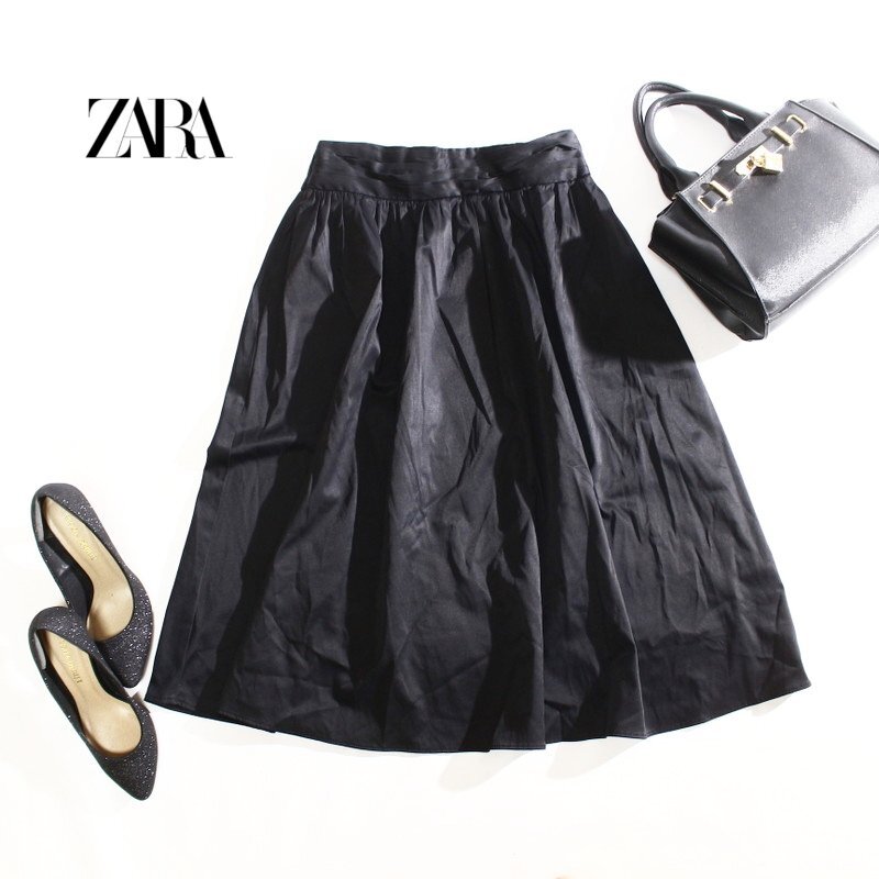 美品 ZARA BASIC ザラ ベーシック オールシーズン 人気 ふんわり ロング丈 ミディ ギャザースカート XS ブラック 黒 無地 シンプル