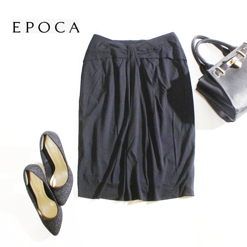 美品 EPOCA エポカ 春 夏 秋 ストレッチ Tシャツ素材 ギャザー スカート 9號(hào) 38 ブラック 黒