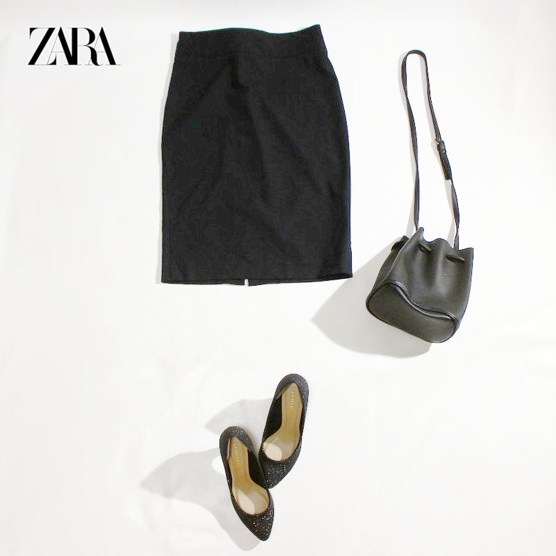 美品 ZARA BASIC ザラ ベーシック 通年 シンプル 合物 膝下丈 タイトスカート USA6 ブラック 黒 M フォーマル ビジネス スーツ 綺麗め