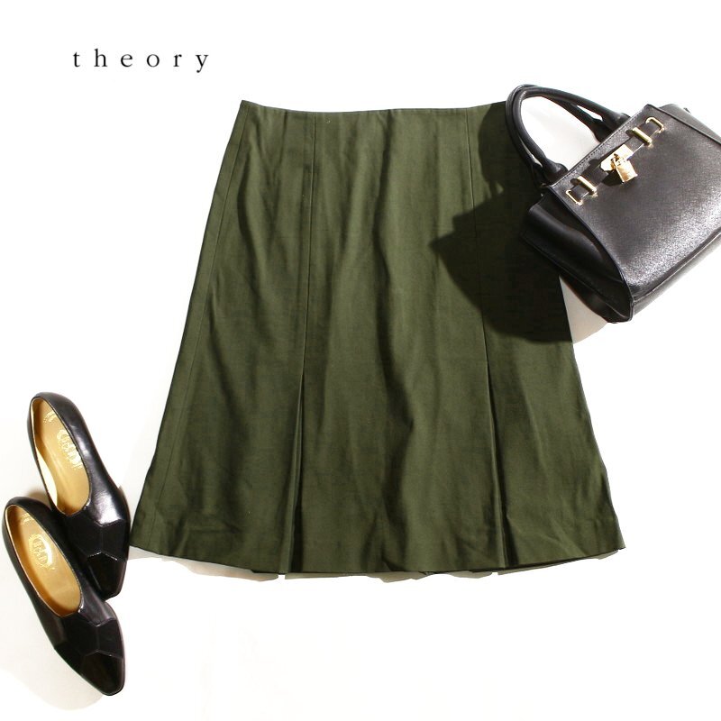 美品 セオリー Theory ハリ ストレッチ コットン Aライン スカート 2 カーキ グリーン 緑 9号 S M